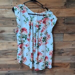 Meraki Cap Sleeve Floral Blouse Shirt Top - White and Pink Cute Cheap Size Xl